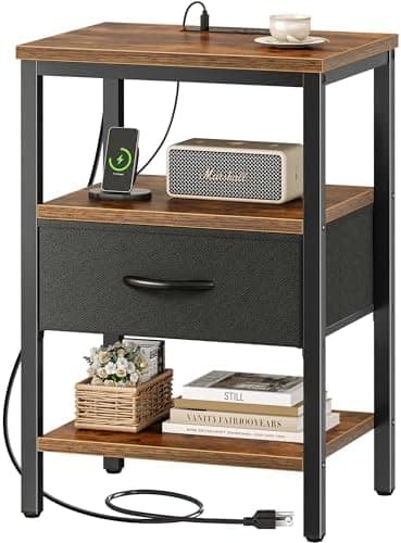 SUPERJARE Nightstand with Charging Station, Bed Side Table with Adjustable Fabric Drawer, Night Stand for Bedroom, 3-Tier Storage…