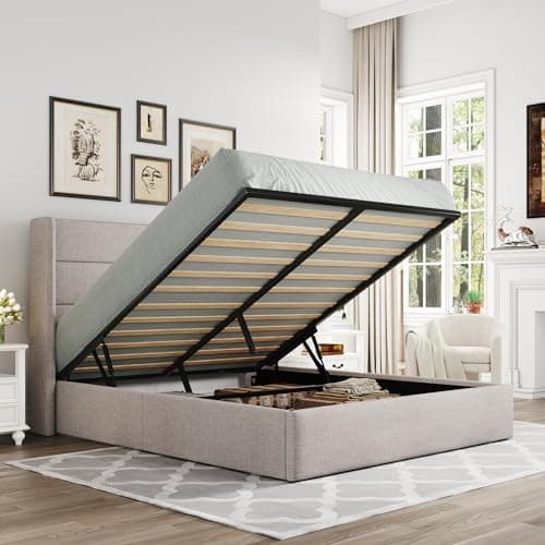 Allewie Full Size Lift Up Storage Bed, Modern Wingback Headboard, Hydraulic Support, No Box Spring Needed, Light Beige