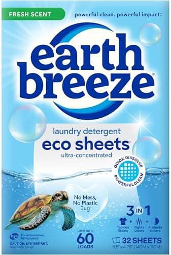 Earth Breeze Laundry Detergent Sheets Fresh Scent - 60 Loads Eco Liquidless Soap - Travel-Friendly for Hot & Cold Cycles, Tackles…