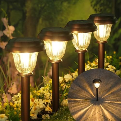 DERAYSION 8 Pack Solar Lights Outdoor, Stainless Steel Glass Solar Pathway Lights, Auto On/Off…