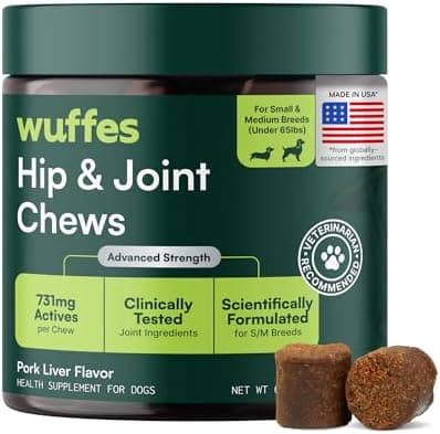 Wuffes Advanced Dog Hip and Joint Supplement with Glucosamine, Chondroitin, Omega 3, MSM, and Green Lipped Mussel, 60 Pork…