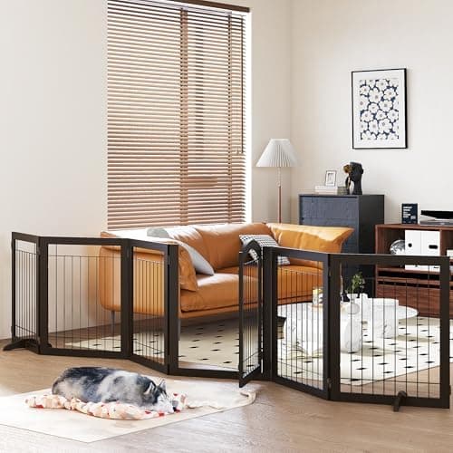 PAWLAND 144-inch Extra Wide 30-inches Tall Dog gate with Door Walk Through, Freestanding Wire Pet Gate for The House, Doorway…