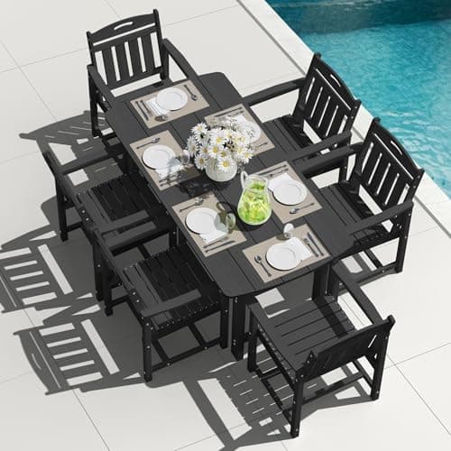 HDPE Outdoor Dining Set, Patio Table and Chairs Set, All-Weather 7-Piece Outside Table and 6 Chairs, 2" Umbrella Hole, Outdoor…
