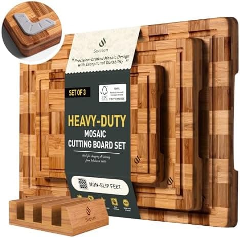3 Pack Heavy Duty Bamboo Cutting Board Set Non Toxic Wooden Cutting Board for Kitchen Non Slip Solid End Grain Thick Wood Juice…