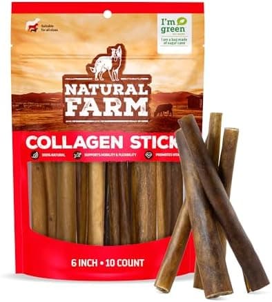 Natural Farm Collagen Chews. 6 Inch, 10 Pack. Odor-Free Long Lasting Bully Sticks & Rawhide Alternative Dog Treats, 95% Collagen…