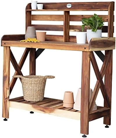 Backyard Discovery 47" Acacia Wood Garden Potting Bench & Serving Bar with Lower Storage Shelf, Leveling Feet, All-Weather…