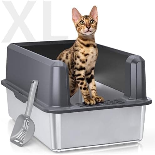 WoofiGo Enclosed Stainless Steel Cat Litter Box with Lid, XL Extra Large Litter Box for Big Cats…