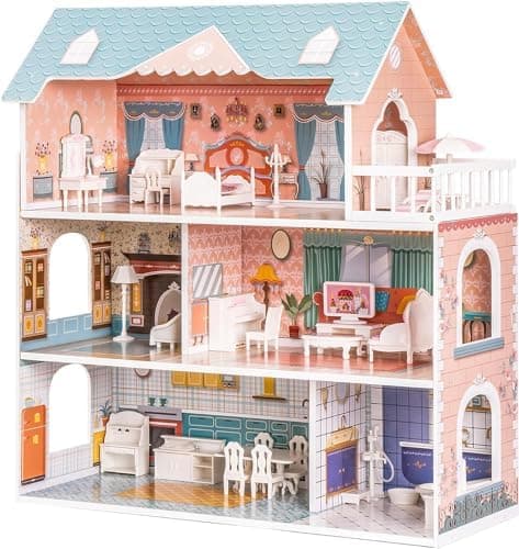 ROBUD Wooden Dollhouse for Kids Girls, Toy Gift for 3 4 5 6 Years Old, with Furniture Blue