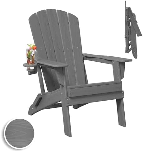 Plawdlik Folding Adirondack Chair, SGS Tested, Wooden Textured with Cup Holder, Heavy All-Weather HDPE Comfortable Set Poolside…