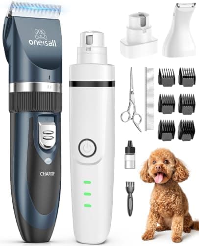oneisall 4 in 1 Dog Clippers and Paw Trimmer Grooming Kit, Low Noise Cordless Dog Clippers for Grooming Pet Hair Trimmers for…