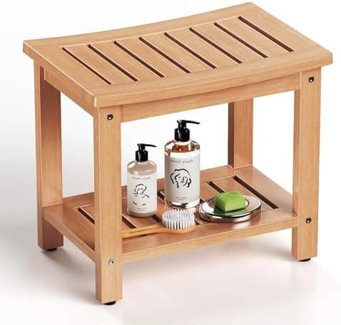 Psilvam 21" Poly Lumber Waterproof Shower Bench with Storage Shelf, Non-Slip Faux Wood Shower Stool for Bathroom, Indoor &…