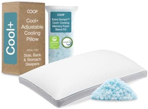 Coop Home Goods Cool+ Adjustable Pillow, Queen Size Plus Shaped Memory Foam Pillows with Cooling Gel, Back…