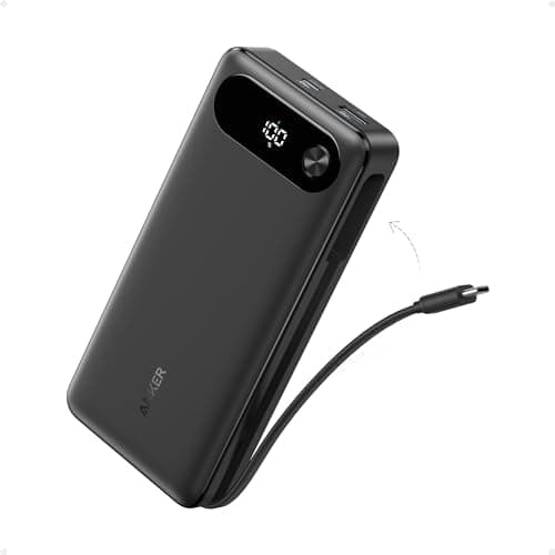 Anker Power Bank, 20,000mAh Travel Essential Portable Charger with Built-in USB-C Cable, 3-Port 87W Max Fast Charging Battery…