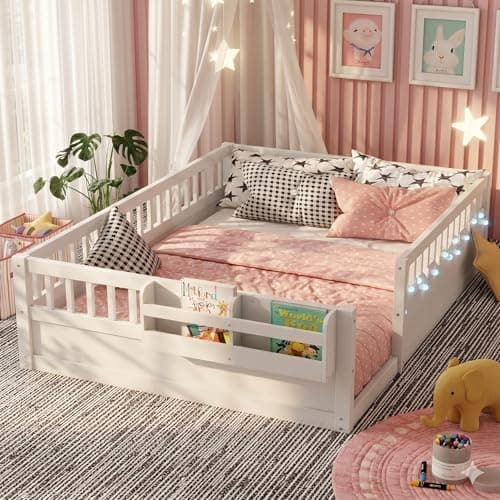 Full Toddler Floor Bed with High Rails, Wooden Montessori Bed Frame with Light and Storage Shelf, Full Size Bed Frame for Kids…