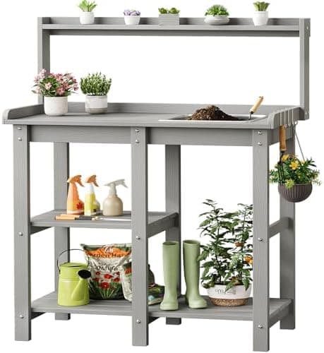 ONBRILL Potting Bench, Outdoor Potting Bench Table with Removable Sink, HDPS Potting Benches for…