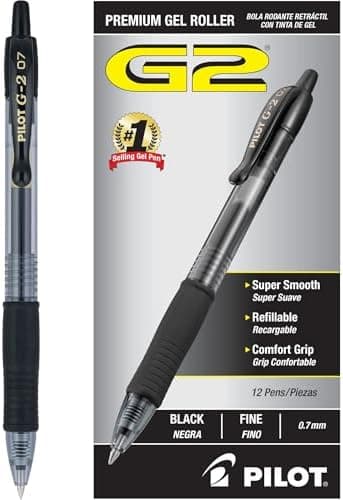 Pilot G2 Pens, Premium Refillable and Retractable Rolling Ball Gel Pens, Fine Point, 0.7mm, Black Ink…