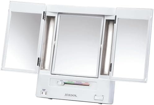 JERDON Tri-Fold Two-Sided Makeup Mirror with Lights - Vanity Mirror with 5X Magnification & Multiple Light…