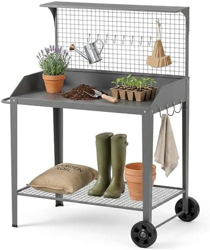 Outdoor Metal Potting Bench with Wheels, Heavy Duty Garden Workbench Table with Storage Shelf (Dark Gray, 52.8"x36.6")