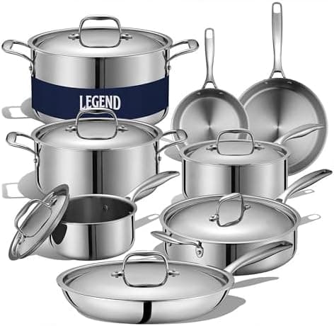 LEGEND COOKWARE 5-Ply Stainless Steel Cookware Set, 14-Piece Pots and Pans Set - Induction Compatible, Oven Safe 800°F…
