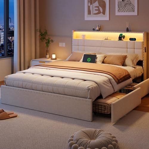 Forestell Queen Bed Frame with 4 Drawers and Storage Headboard, Upholstered Platform Bed Frame Queen Size with LED Lights and…