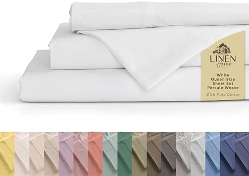 Linen Home 100% Cotton Percale Sheets Queen Size, White, Deep Pocket, 4 Pieces Set - 1 Flat, 1 Deep Pocket…