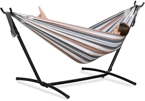 PNAEUT Double Hammocks with Stand for Outside, Portable Space Saving Heavy-Duty Steel Frame for Indoor Outdoor Patio Yard, Easy…