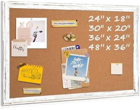 Cork Board Bulletin Board, 36" x 24" Corkboard for Wall, Rustic White Wooden Frame, Hanging Pin Board for Home & Office Decor, 10…