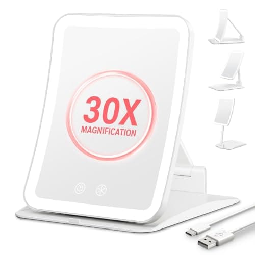 Auxmir Travel Makeup Mirror with 30X Magnification & 3 Dimmable Color Light, Foldable Rechargeable 2000mAh Lighted Travel Mirror…
