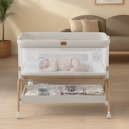 Baby Bassinet Bedside Crib, 3-in-1 Baby Bassinet Bedside Sleeper with Mattress and Soft, Breathable Sheet, Full-Mesh Sides…