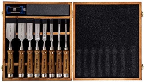 10-Pieces Woodworking Wood Chisel Set with Wooden Box, Honing Guide, Sharpening Stone, Razor Sharp CR-V 60 Steel Blades