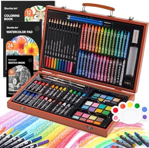 Shuttle Art 106 Piece Deluxe Art Set, Art Supplies in Wooden Case, Painting Drawing Art Kit with Crayons Colored Pencils Oil…