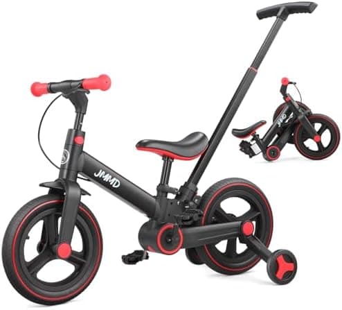 JMMD 6 in 1 Toddler Bike with Push Handle for Kids 18-60 Months, 12" Foldable Balance Bike with Training Wheels, Pedals, Brakes…
