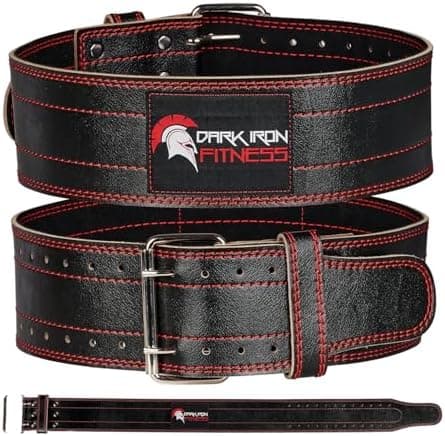 Dark Iron Fitness Genuine Leather Weightlifting Belt, 4 Inch Wide for Men Women with Double Prong Buckle Reinforced Stitching…