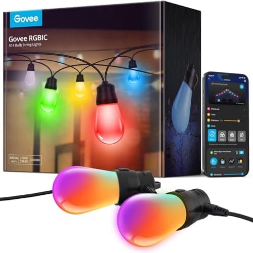 Govee Smart Outdoor String Lights H7015, 48ft RGBIC Outdoor Lights with 15 Dimmable LED Bulbs, IP65…