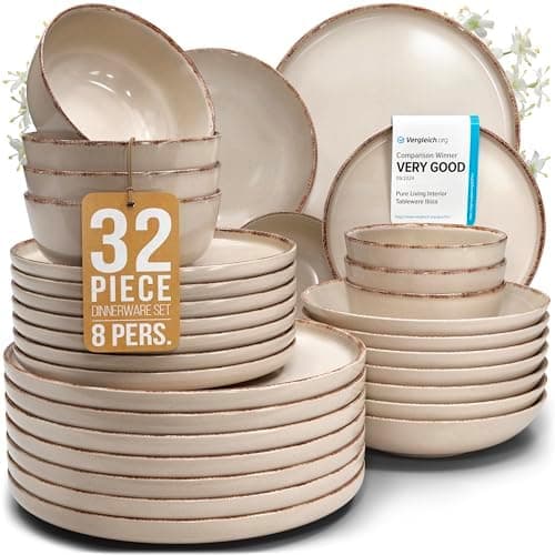 32 Piece Stoneware Dinnerware Set for 8 - Handmade Reactive Glaze Plates and Bowls Set - Chip & Scratch Resistant Dish Set…