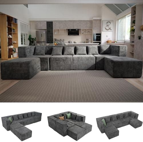 MONVANE Modular Sectional Cloud Couch for Living Room - 130'' 6 Seater Convertible Chenille Couches Set with Ottoman, No Assembly…