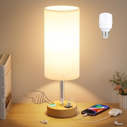 Dicoool Touch Bedside Table Lamp with USB - 3 Way Dimmable Wood Lamp for Bedroom Nightstand, Desk Lamp with Charging Station for…