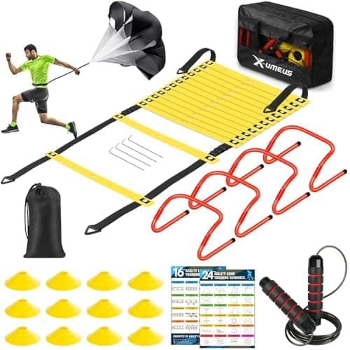 X-UMEUS Agility Ladder Speed Training Equipment Set-20ft Agility Ladder,12 Soccer Cones,4 Hurdles, Jump Rope, Running Parachute|…