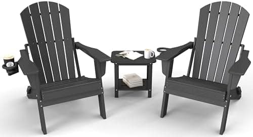 Folding Adirondack Chair 3-Piece Set - 38" Extra Tall Back & Embossed Wood Grain, Oversized HDPE Patio Furniture with Side Table…