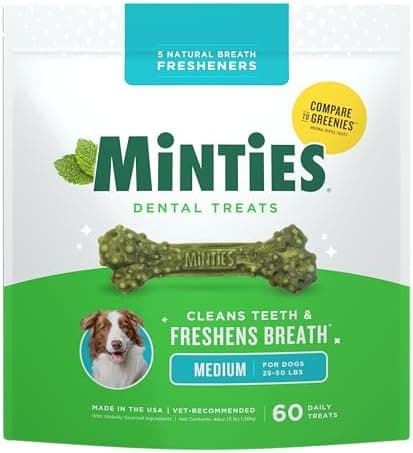 Minties Dental Chews for Dogs, 60 Count, Vet-Recommended Mint-Flavored Dental Dog Treats for Medium Dogs, Bones Clean Teeth…