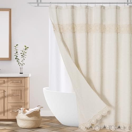 Gibelle Boho Farmhouse Shower Curtain Set, Linen Cotton Fabric Shower Curtain with Macrame Lace Decor, Modern…
