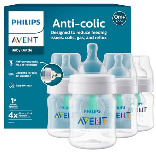 Philips Avent Anti-Colic Baby Bottle with AirFree Vent, Slow Flow 1 Nipple, 0m+, 4oz, 4 Pack, Clear, SCY701/04 GreenCircle…