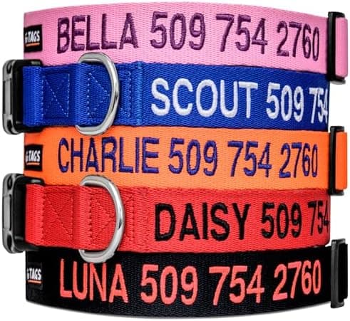 GoTags Personalized Dog Collar, Custom Embroidered with Pet Name and Phone Number in Blue, Black, Pink, Red and Orange, for Boy…