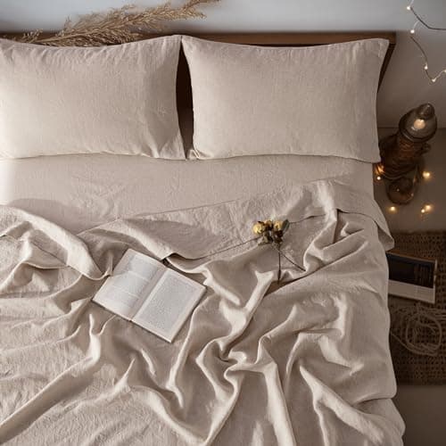 LBRO2M 100% Pure Linen Sheet Set Deep Pocket Up to 16" Bed Sheets Sets, Natural Flax Beddings Soft, Breathable, Comfortable for…