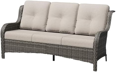 3 Seat Outdoor Couch, Wicker Patio Sofa with Thickened Olefin Cushions, High Back and Deep Seating, Hand-Woven PE Rattan for…