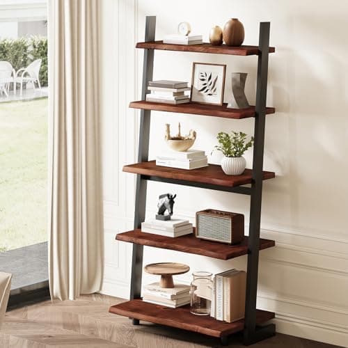 IBF 5-Tier Solid Wood Ladder Bookshelf with Natural Live Edge, Rustic Walnut Storage & Display Leaning…