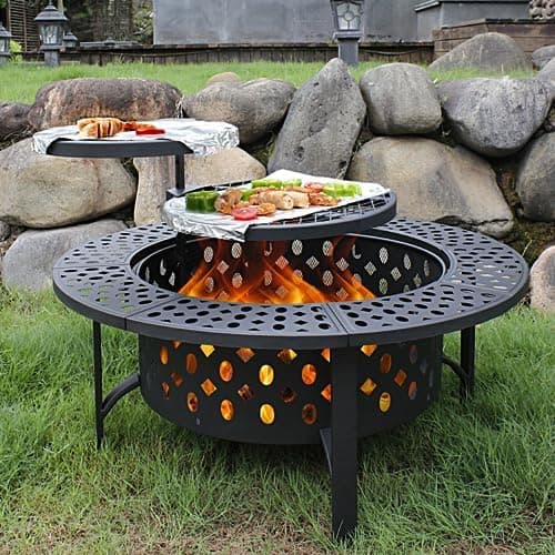 OutVue 42 Inch Fire Pit with 2 Grills, Extra Large Wood Burning Fire Pits for Outside with Lid & Poker, Heavy Duty Firepit,BBQ&…