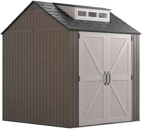 Rubbermaid Large Resin Outdoor Storage Shed With Floor (7 x 7 Ft.), Weather Resistant, Brown, Organization for Home/Lawn…