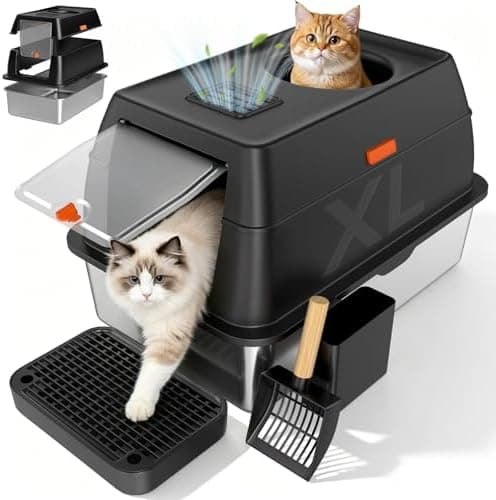 Extra Large Stainless Steel Litter Box with Lid, High Sided Enclosed Metal Cat Litter Pan, Dog Proof Front Entry Top Exit, Odor…