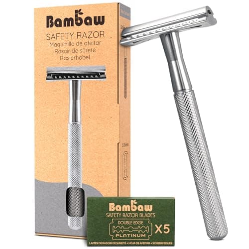 Bambaw Double Edge Safety Razor for Men & Women, Metal Razor with 5 Double Edge Safety Razor Blades, Eco-Friendly Razor – Silver…